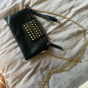 Black crossbody purse with gold chain